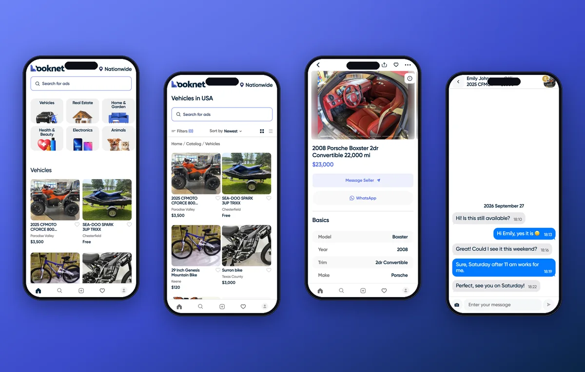 Looknet mobile app screens: home, catalog, listing, chat