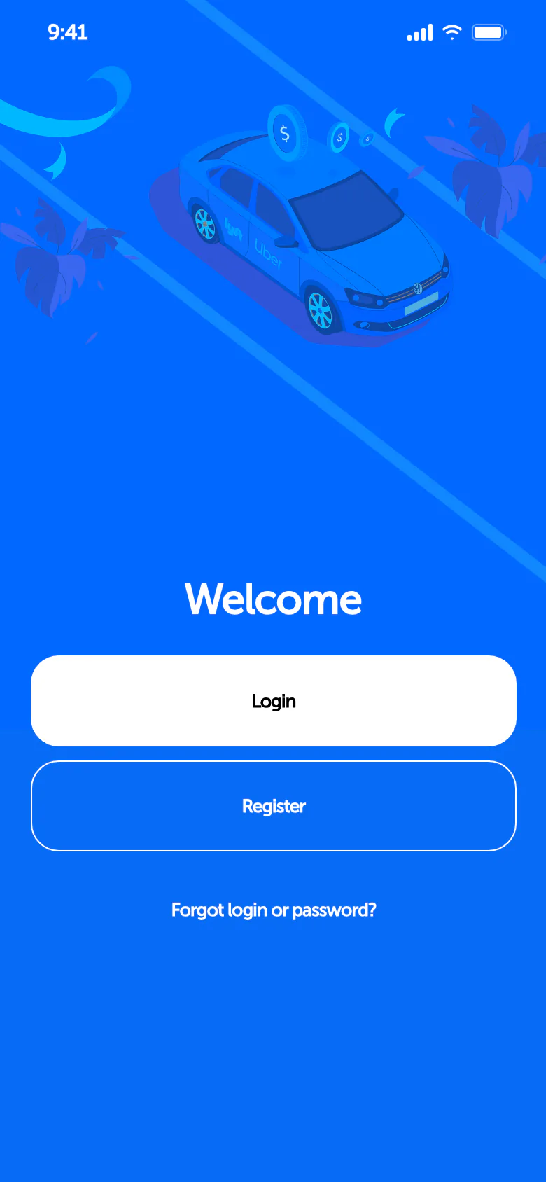 Ridebook welcome screen: a taxi drives onto the road