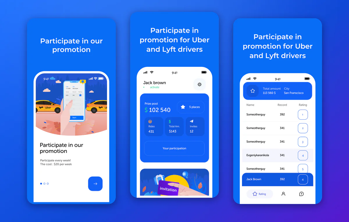 Ridebook app screen mockups: onboarding, driver profile and leaderboard