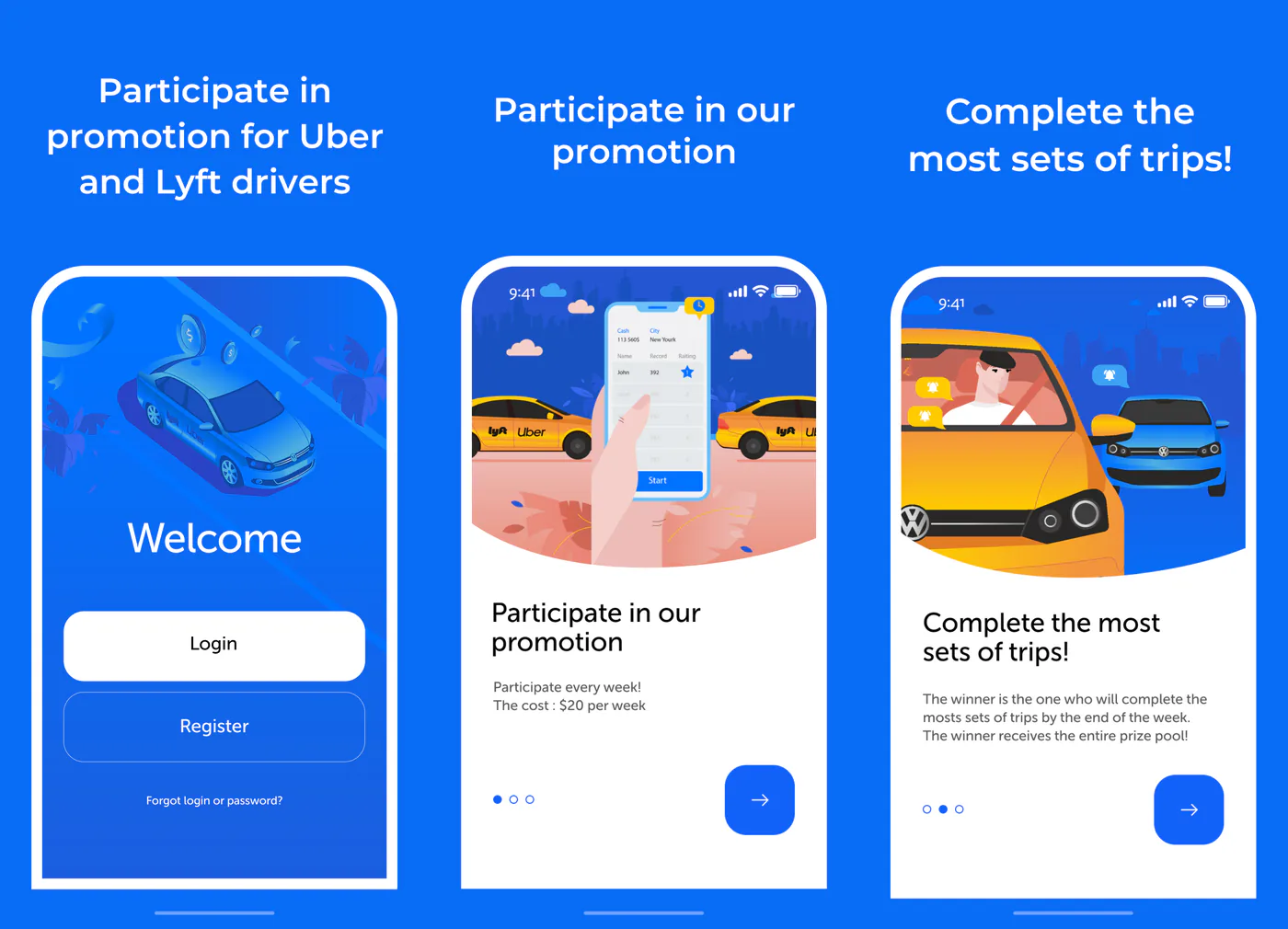 Ridebook app presentation slides: welcome, onboarding and joining the contest