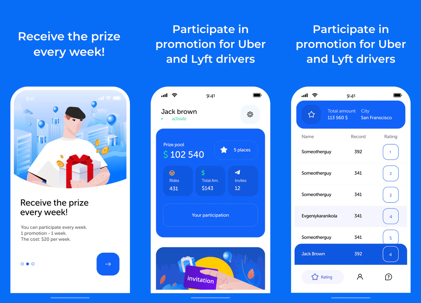 Ridebook app presentation slides: weekly prize, profile and driver leaderboard