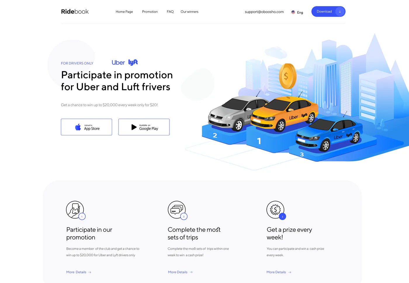 Ridebook promo website mockup: hero section and benefits