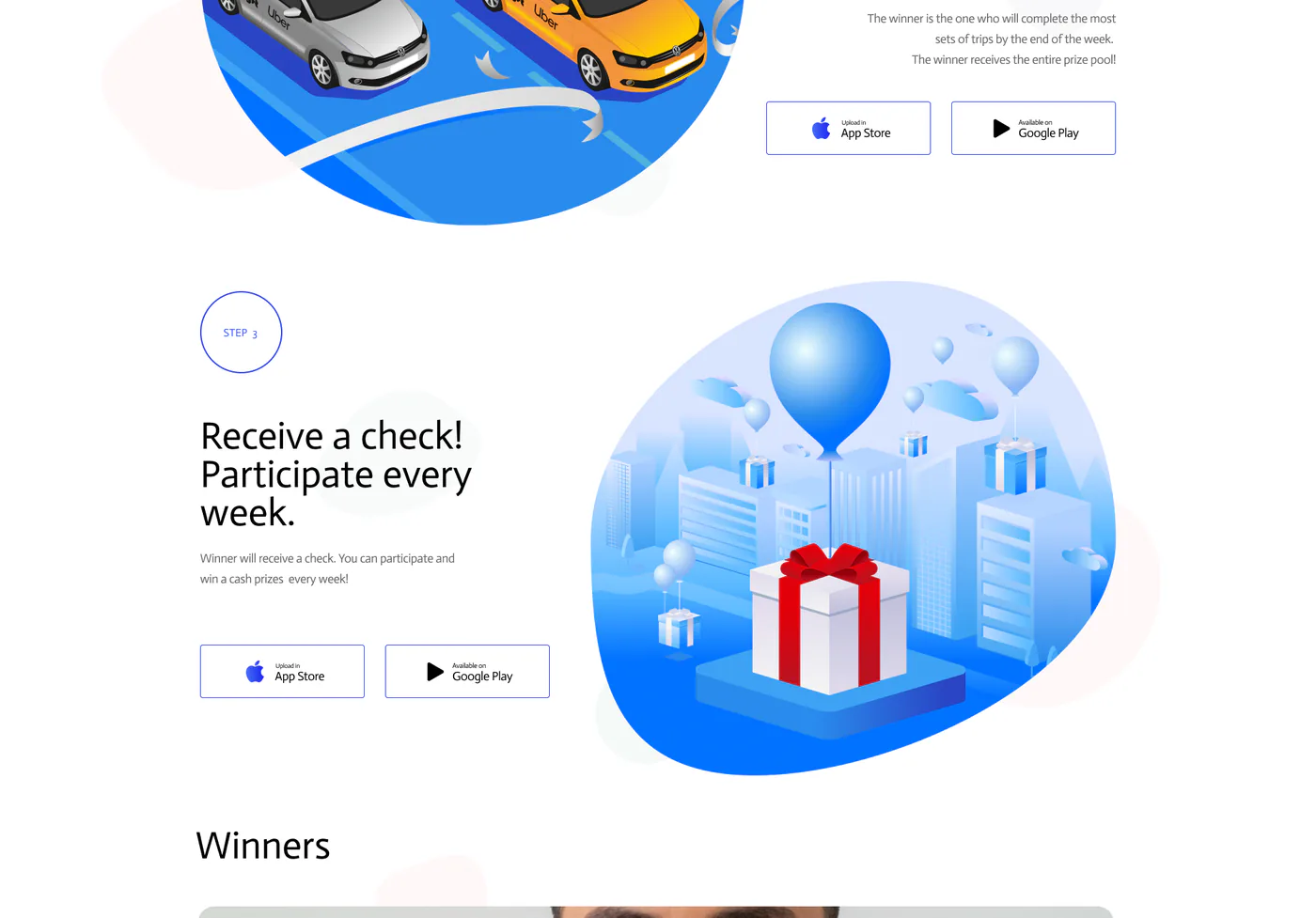 Ridebook promo website mockup: steps 2 and 3 — rides and the prize