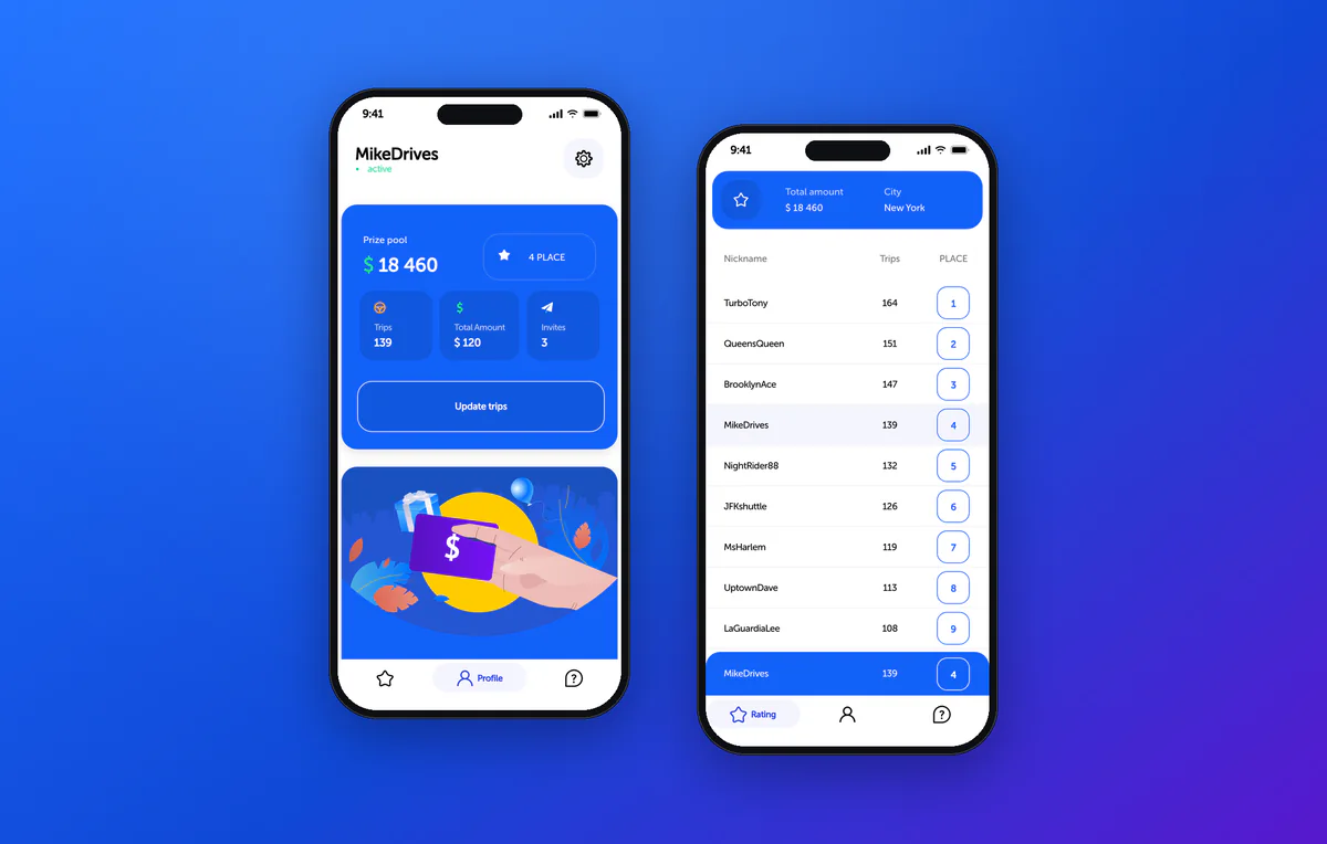 Driver profile with the prize pool and the New York driver leaderboard in the app