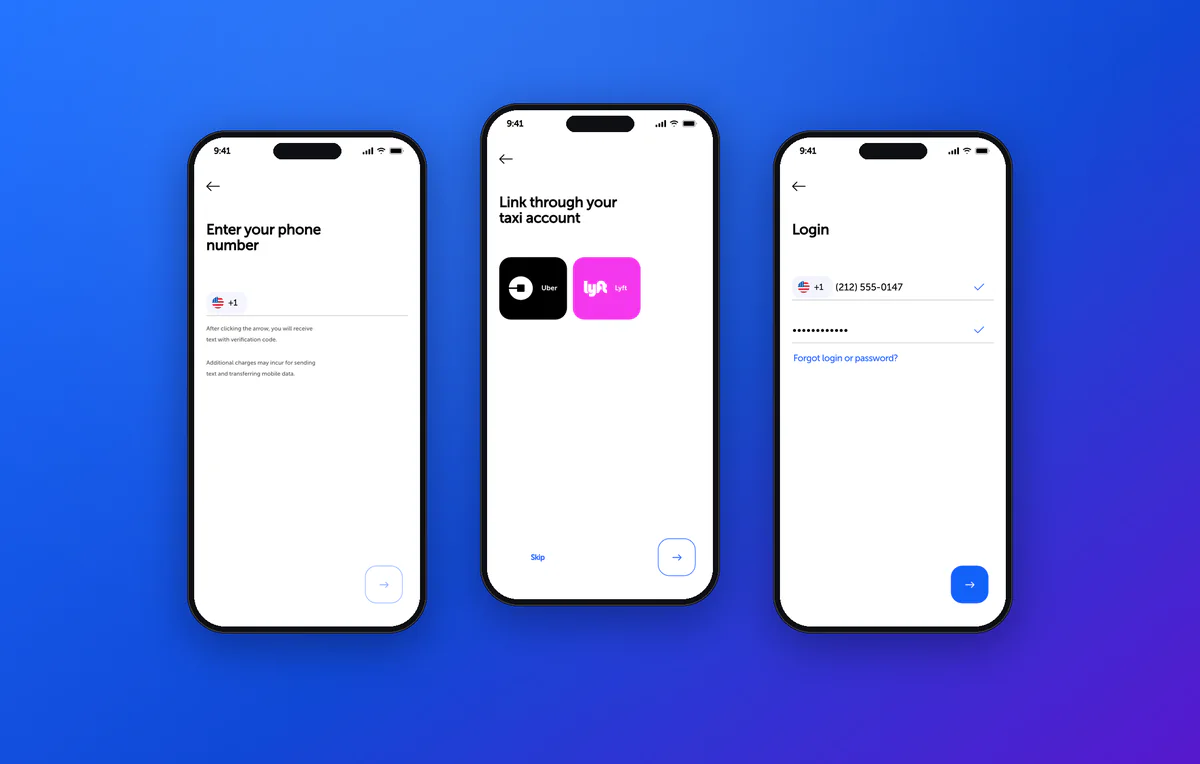 Sign-up in the taxi driver app: phone number, Uber or Lyft linking and sign-in