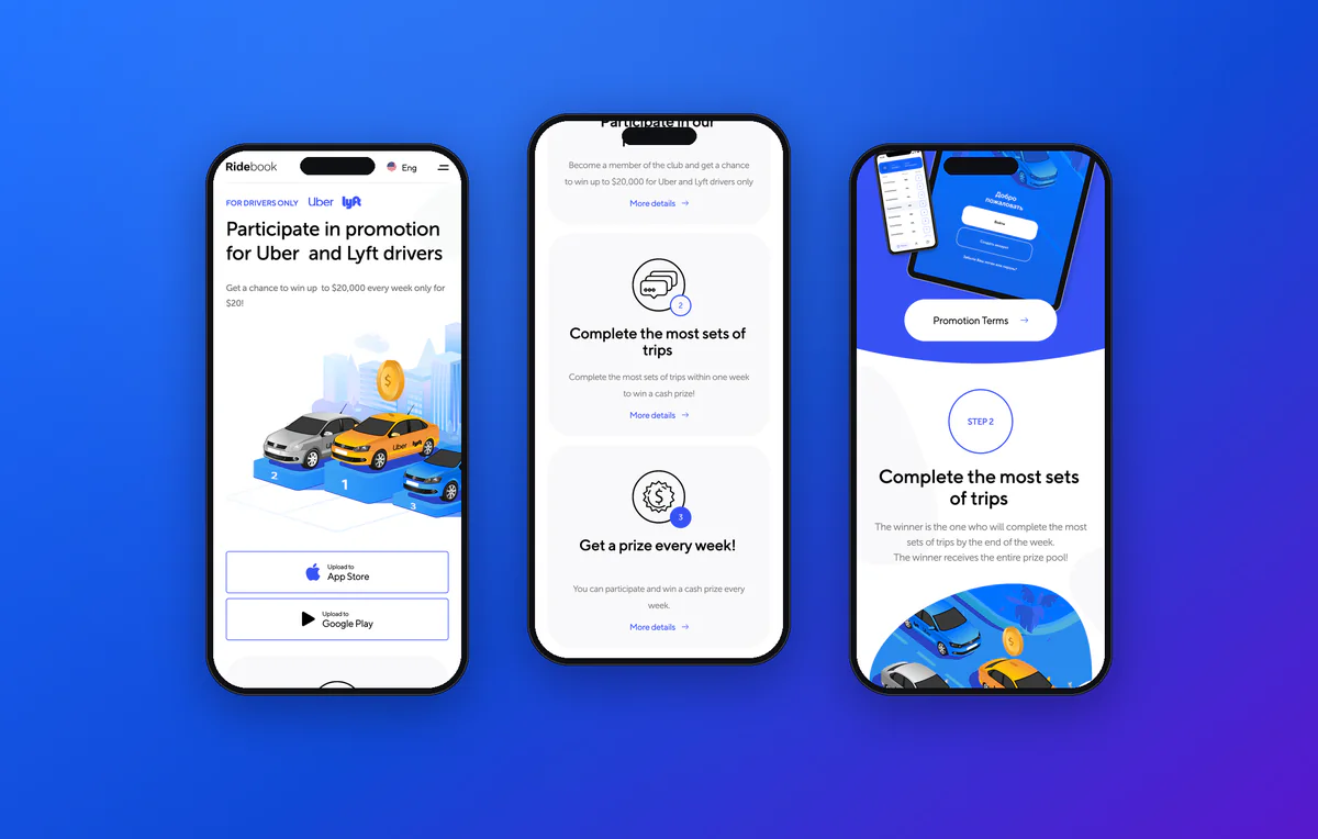 Mobile version of the Ridebook promo website on three smartphones