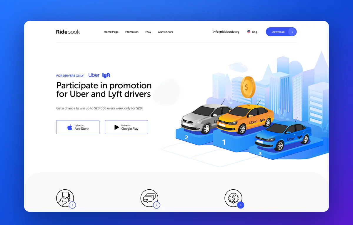Hero section of the Ridebook app promo website: Uber and Lyft cars on a podium
