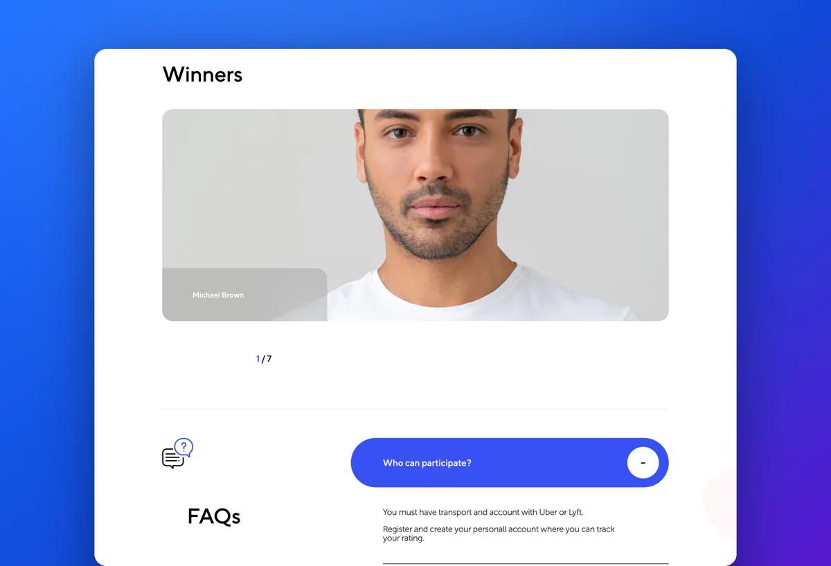 Winners and FAQ sections on the taxi driver app promo website