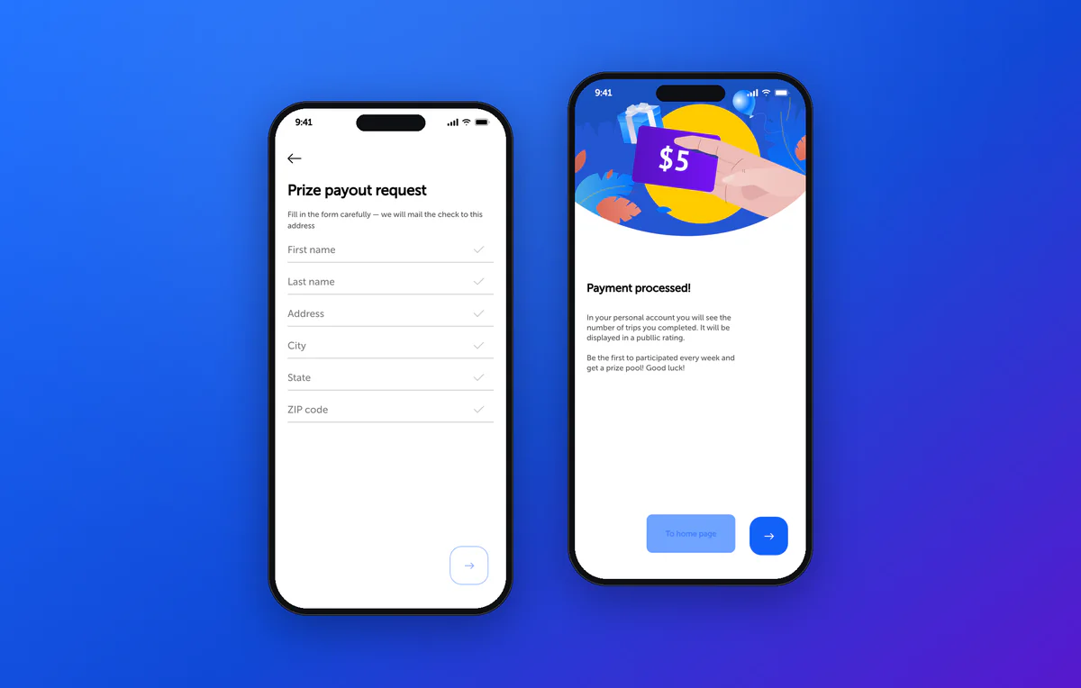 Prize payout form and payment success screen in the taxi driver app