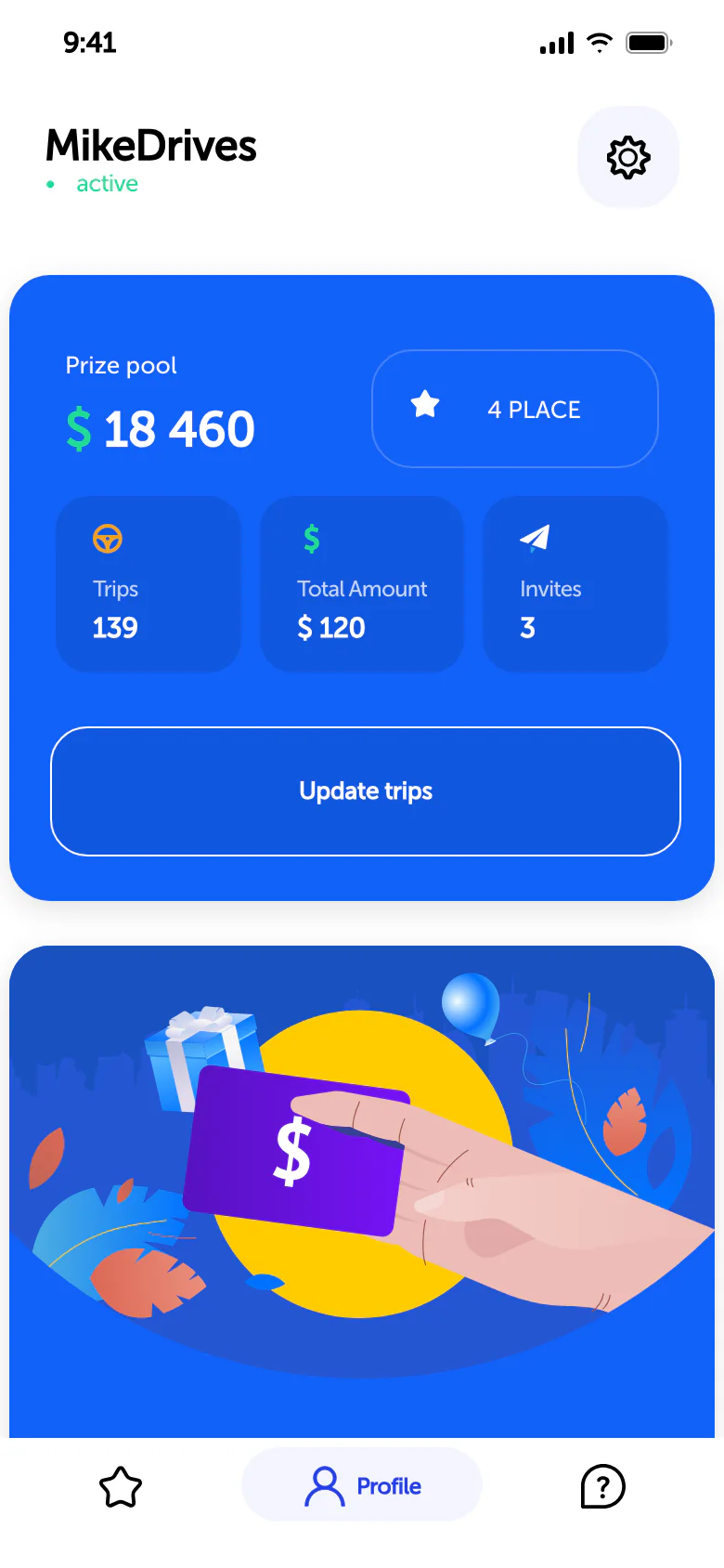 Driver profile in the Ridebook mobile app: prize pool, leaderboard position, rides