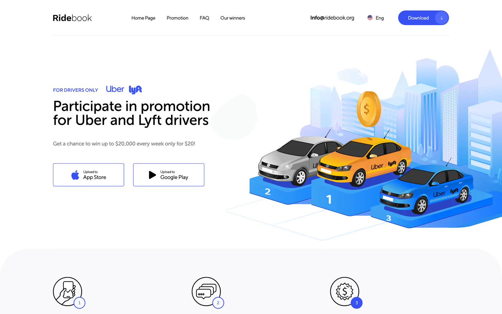 Ridebook taxi driver app promo website: Uber and Lyft cars on a podium