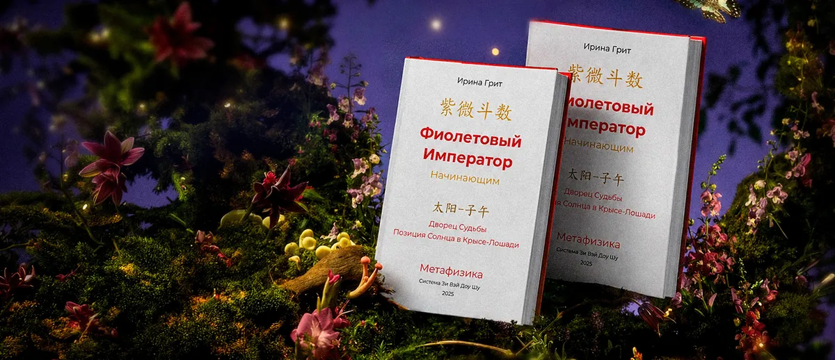 Banner for Irina Grit’s book “Purple Emperor. For Beginners”: two books in a night garden