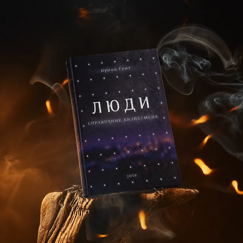The book “People. A Businessman’s Handbook” on driftwood amid smoke and fire