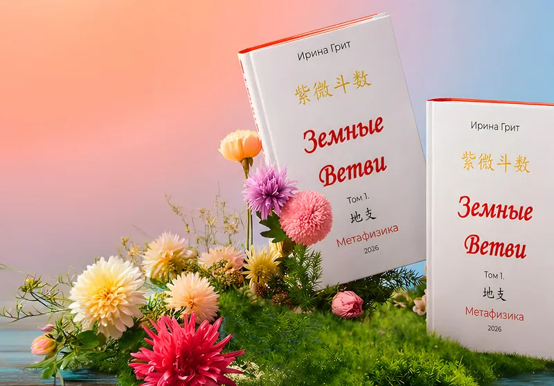Social media ad creative: Irina Grit’s “Earthly Branches” books among flowers on a pastel background