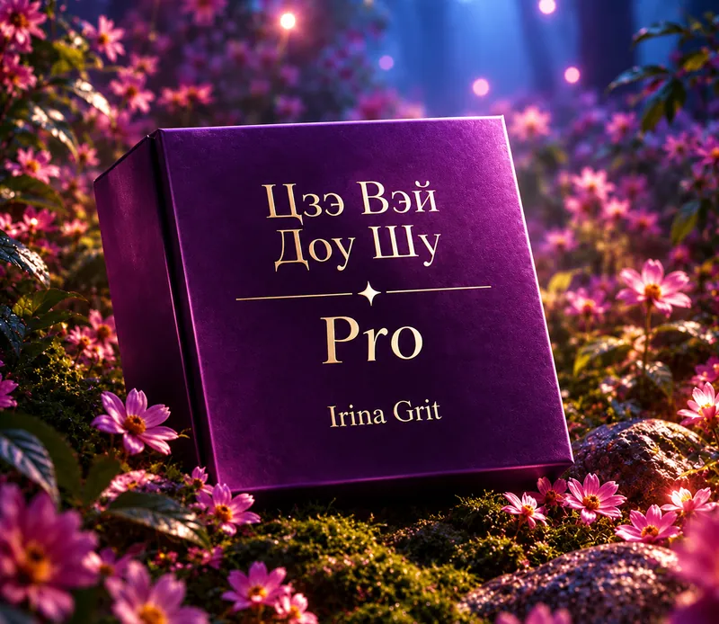 Cover of Irina Grit’s “Zi Wei Dou Shu Pro” course: a purple box with gold foil stamping among flowers