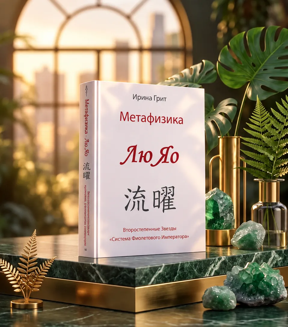 Cover of Irina Grit’s book “Liu Yao. Minor Stars” on marble with jade and gold