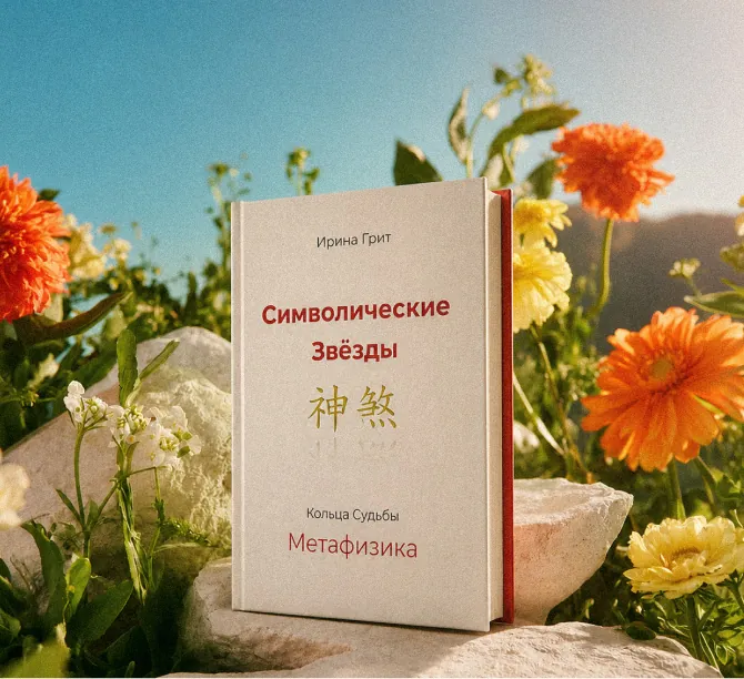 Cover of Irina Grit’s book “Symbolic Stars. Rings of Fate” among orange flowers