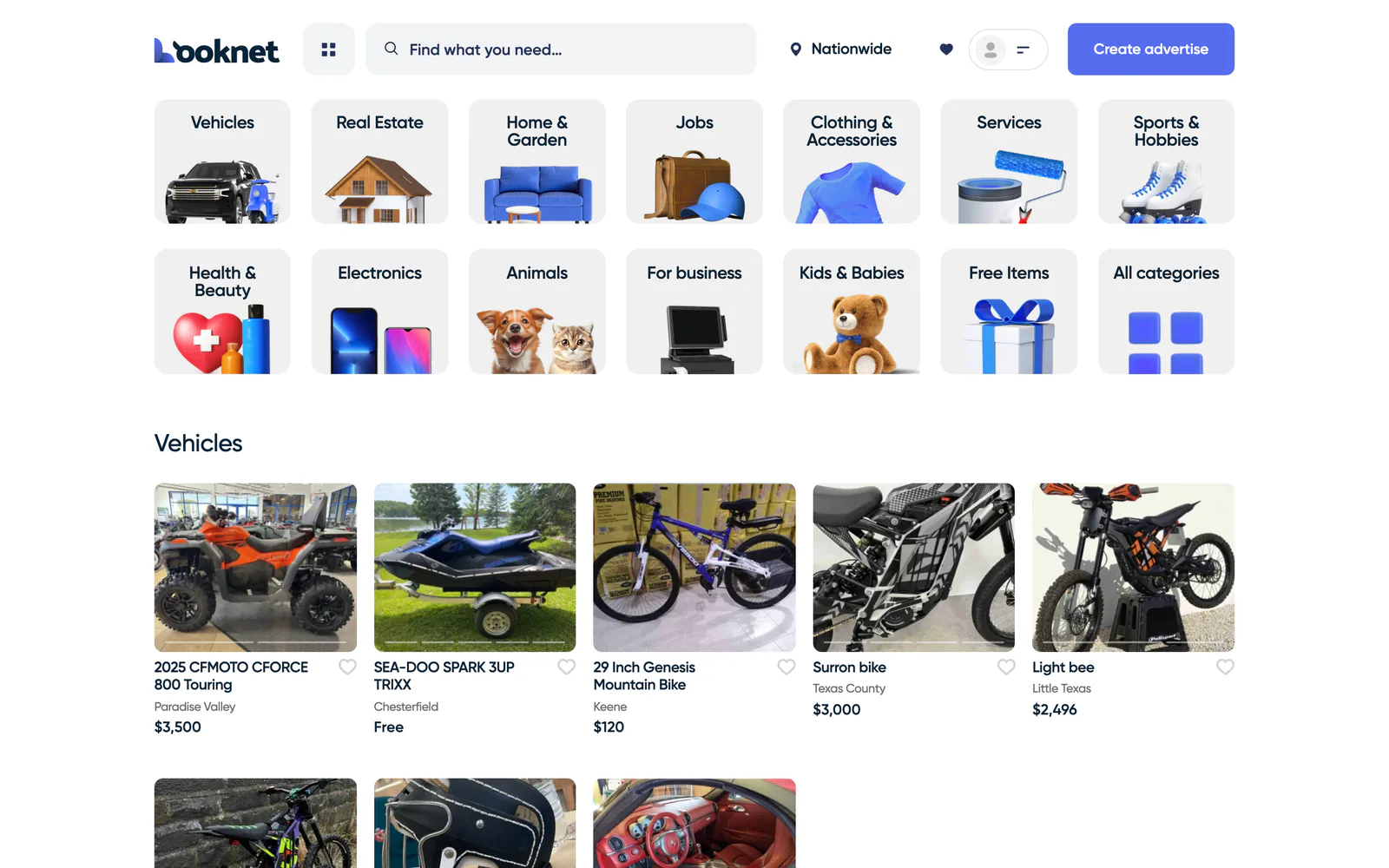 Looknet free classifieds website home page: categories and latest listings