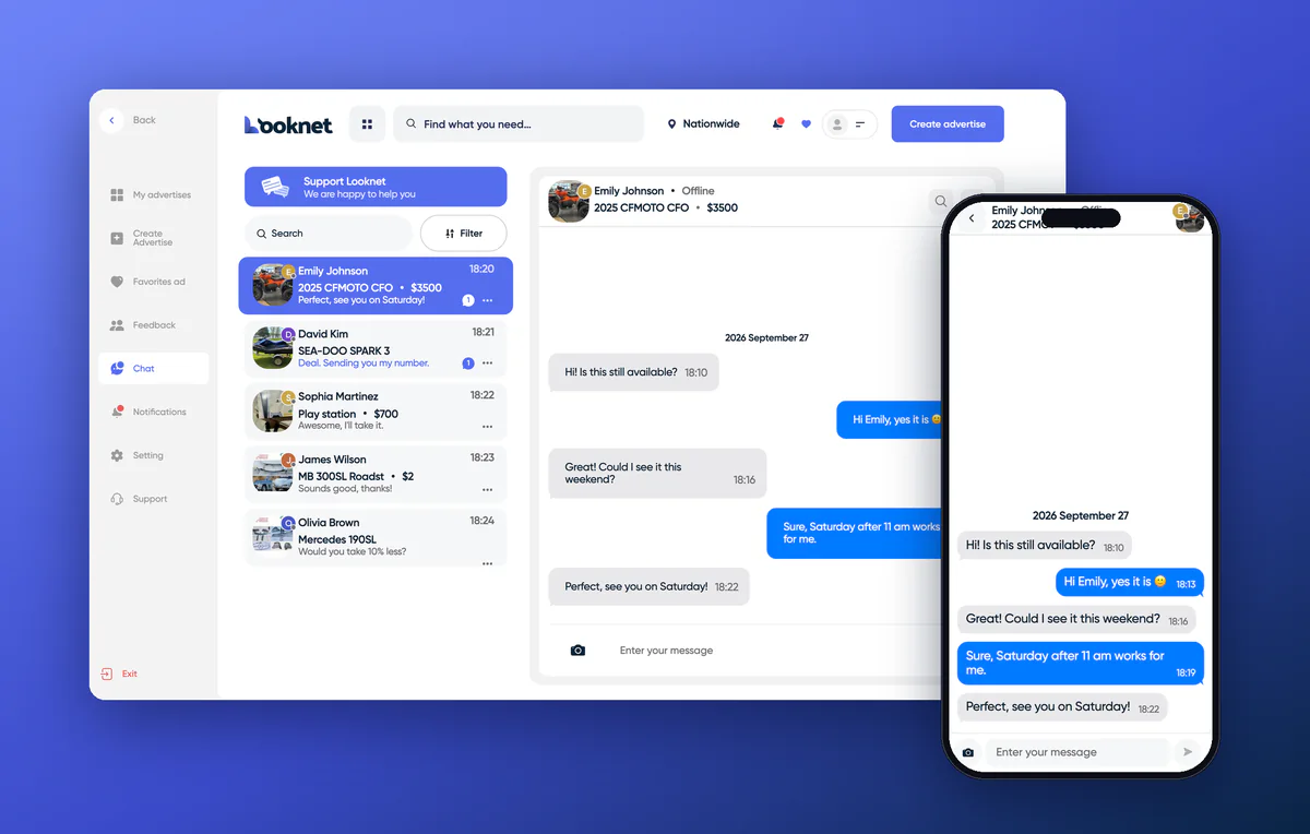 Looknet’s custom WebSocket chat: a buyer and seller conversation on desktop and mobile