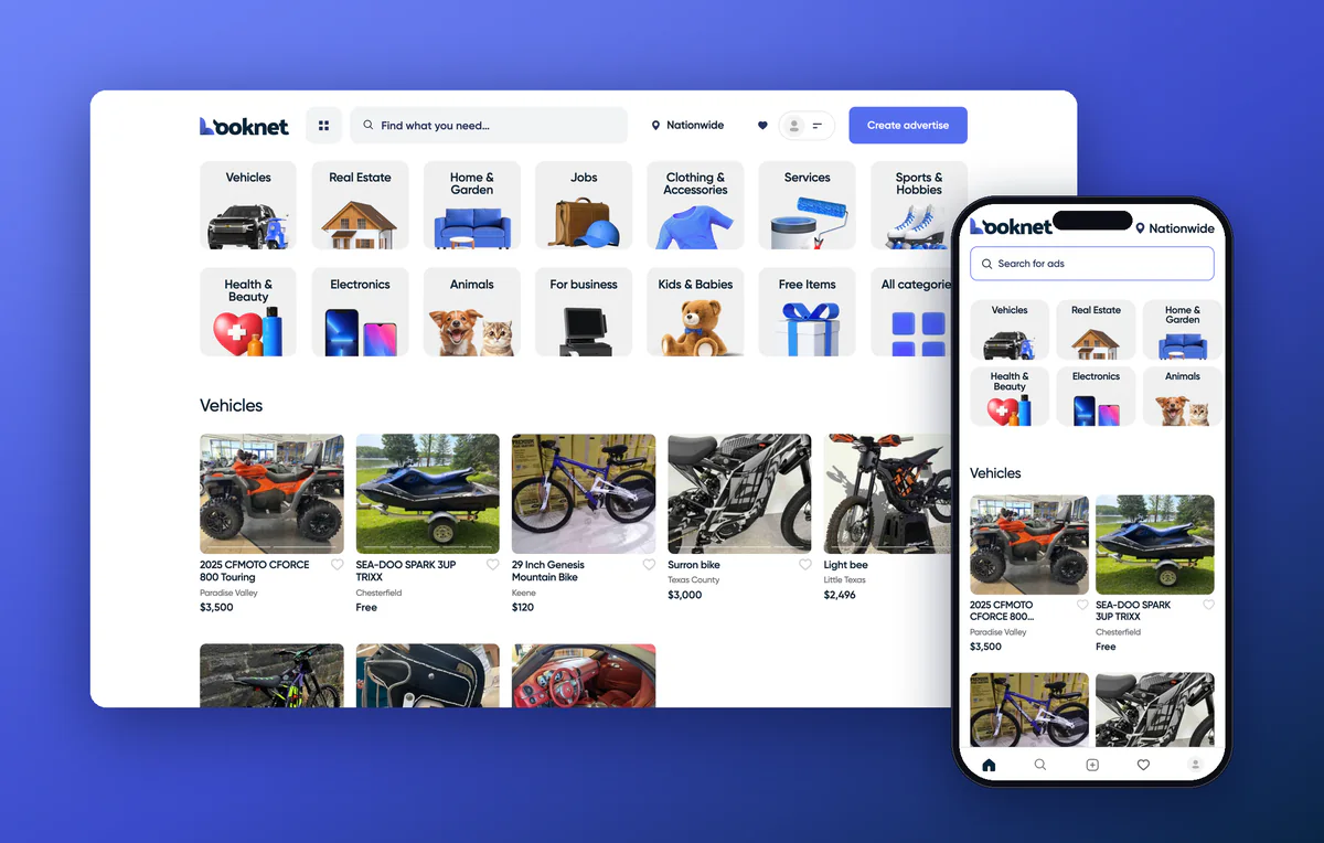 Looknet free classifieds website home page on desktop and mobile