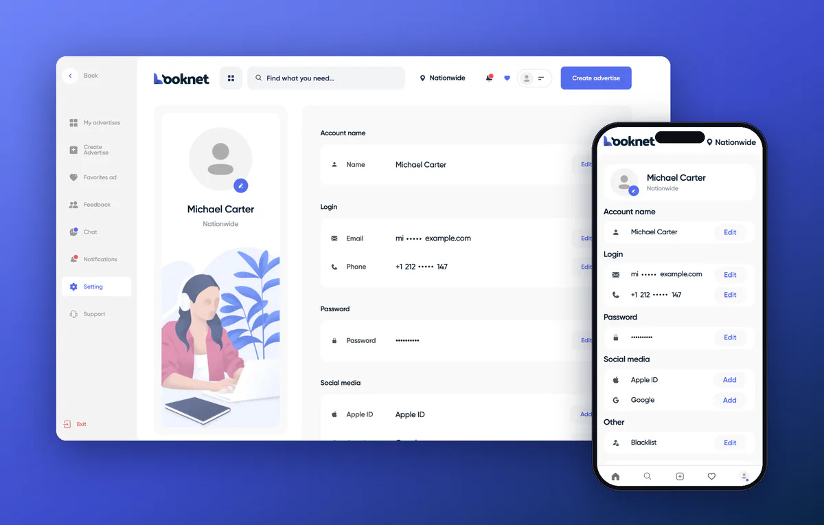 Looknet account settings: name, email, phone, password, social accounts