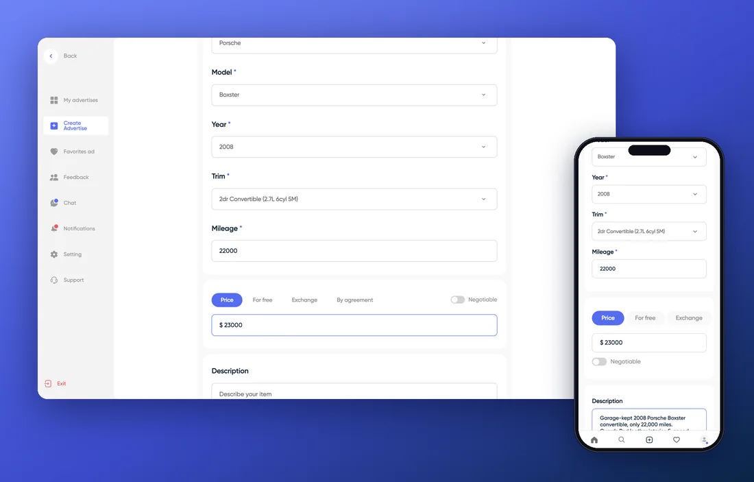 Price and description — creating a listing on Looknet
