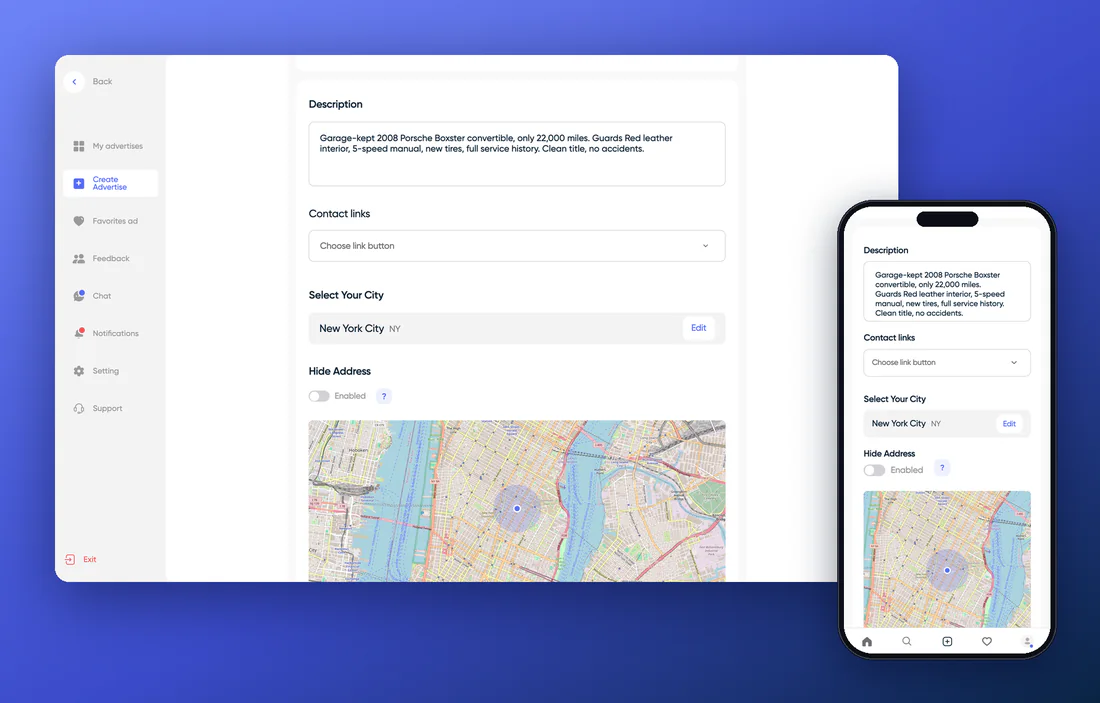 City and map — creating a listing on Looknet