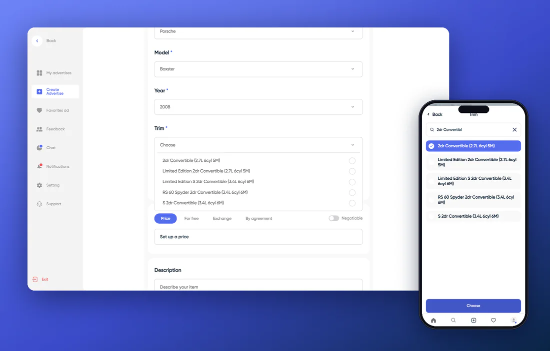 A form for each category — creating a listing on Looknet