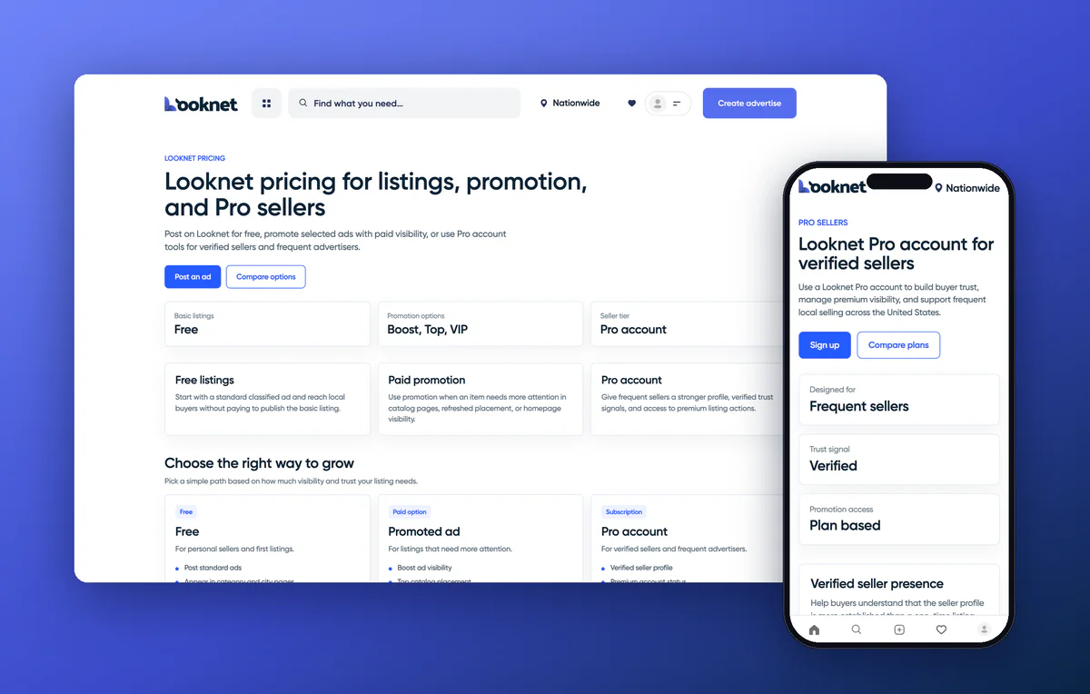 Looknet pricing page: free listings, promotion, Pro account