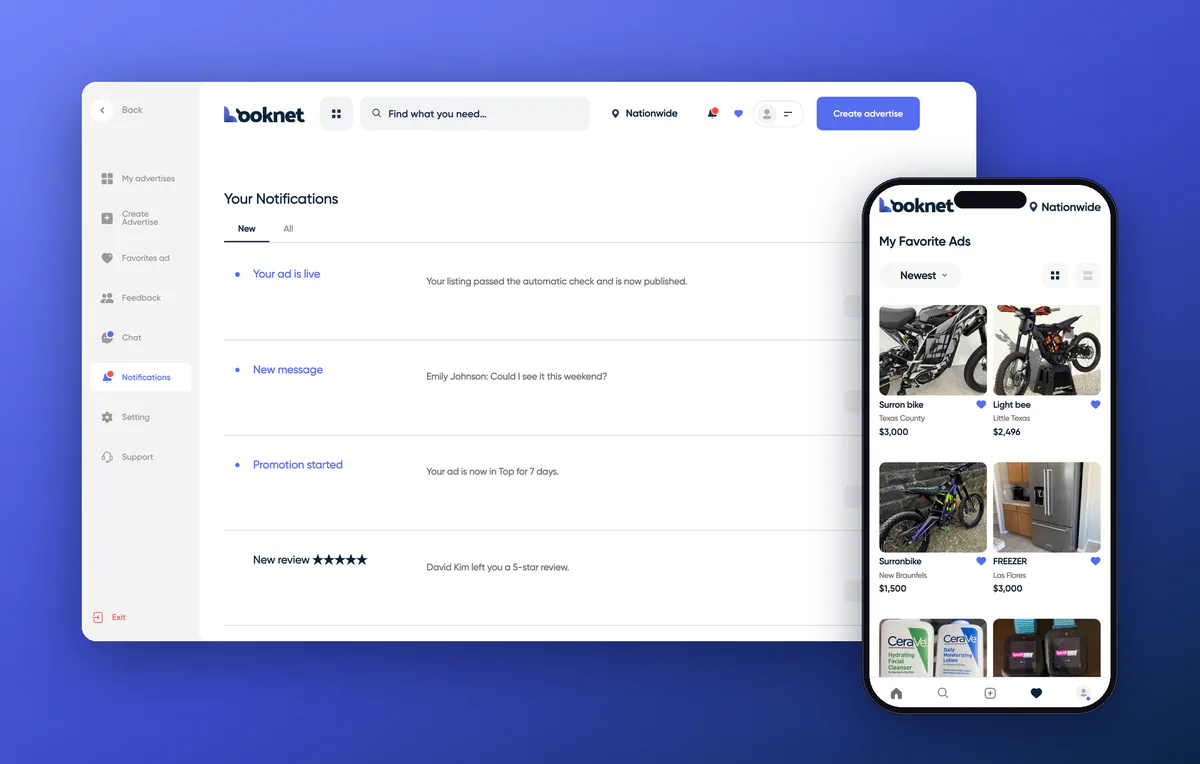 Notifications and favorite listings on Looknet