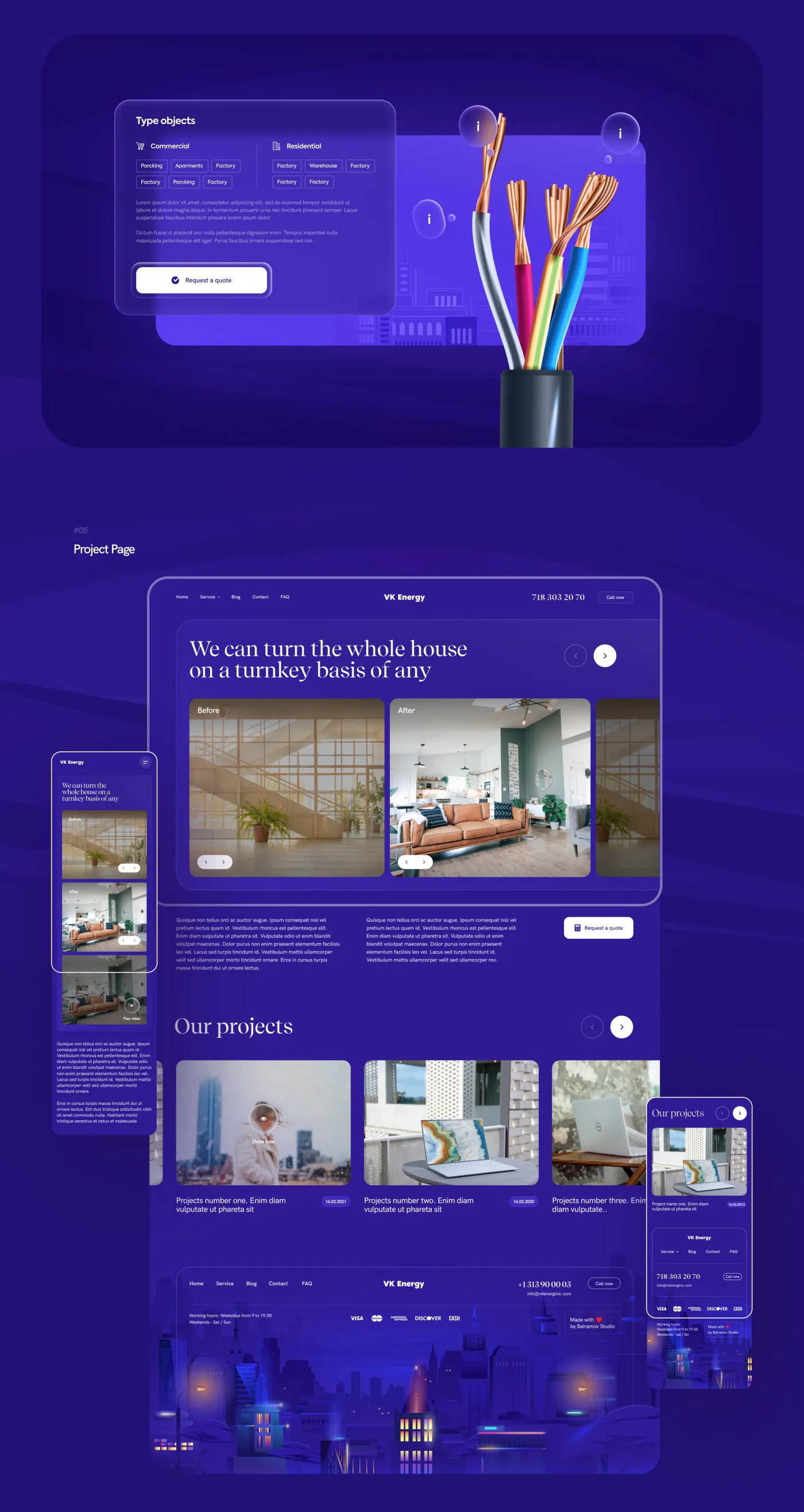 Service page and project page with a before-and-after slider