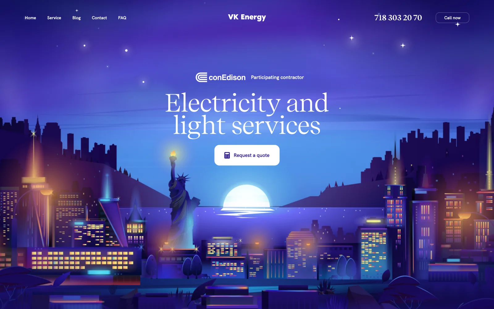 Hero of the VK Energy electrical contractor website: New York at night and the Statue of Liberty
