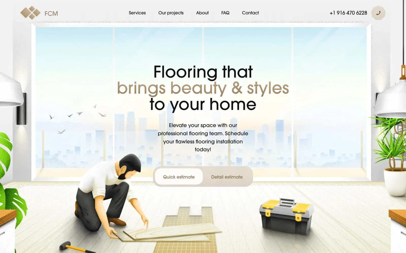 Hero screen of the FCM Floor Company website: an installer laying laminate in a bright room