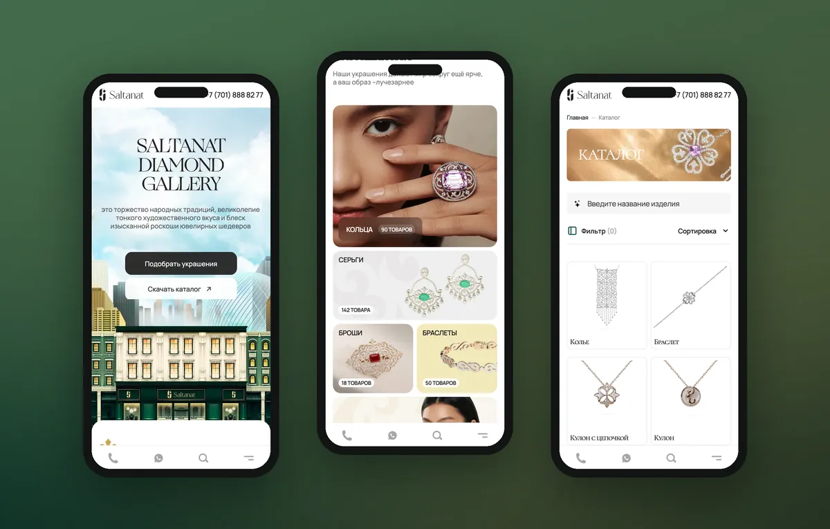 Mobile version of the Saltanat jewelry store website on three smartphones